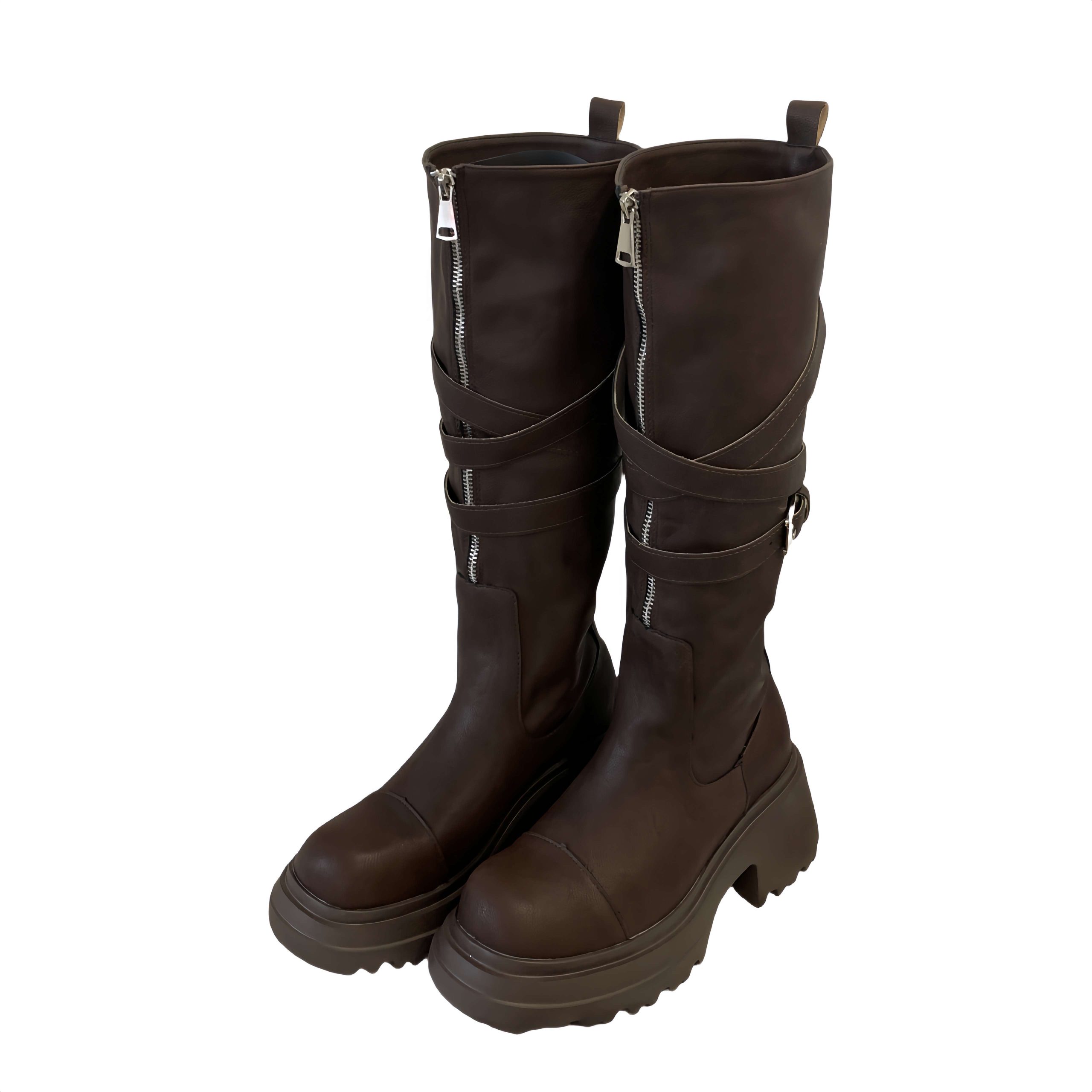 Genuine Leather Two-Way Lace-Up Motorcycle Boots Women 2024 Autumn Winter New Round Toe Thick Sole Fashion Boots Belt Buckle High Top Boots Trend - Image 5
