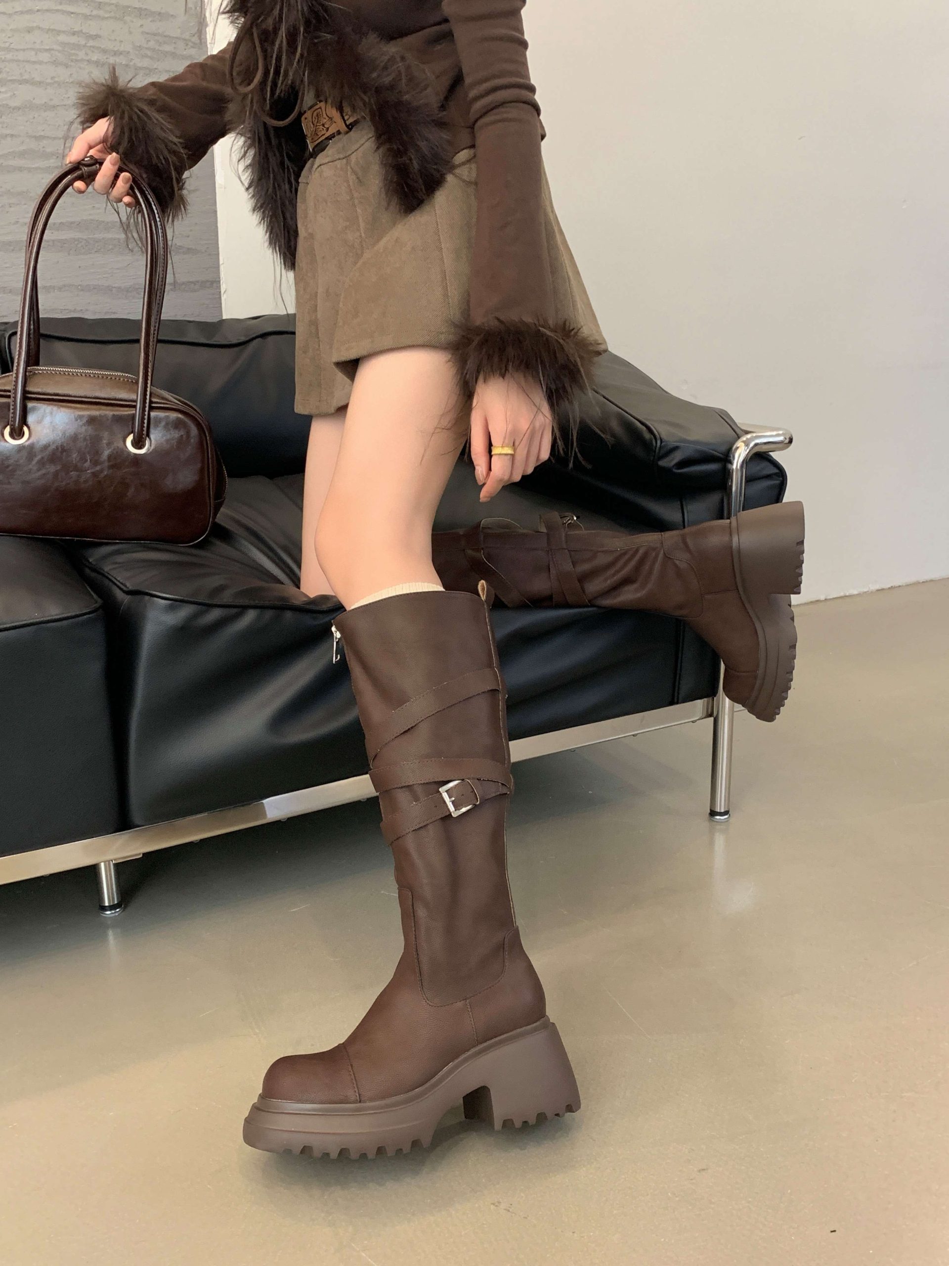 Genuine Leather Two-Way Lace-Up Motorcycle Boots Women 2024 Autumn Winter New Round Toe Thick Sole Fashion Boots Belt Buckle High Top Boots Trend - Image 4