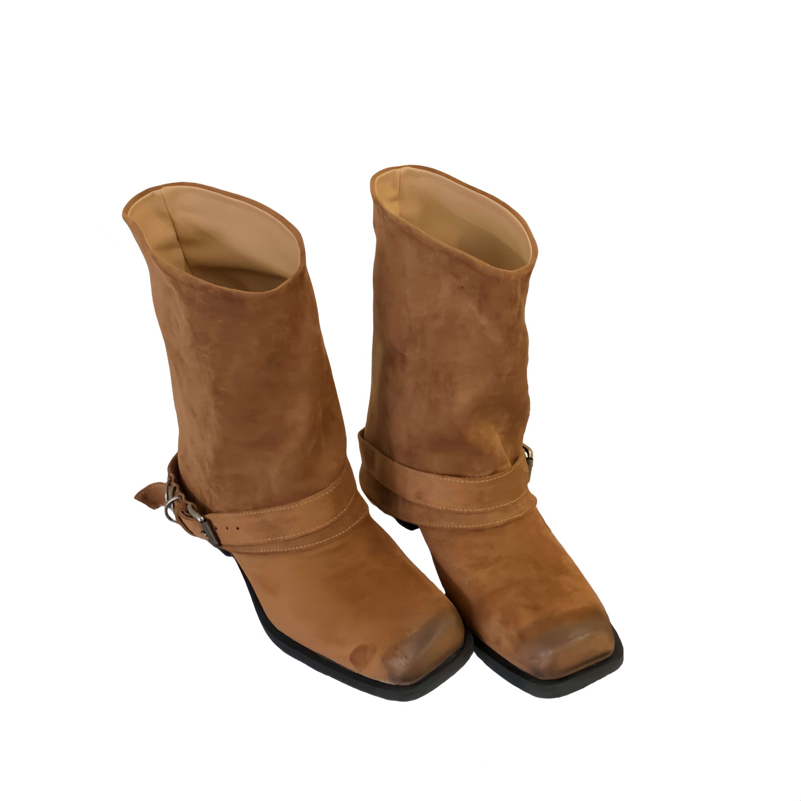 Vintage Leather Martin Boots Square Toe Distressed Women's Metal Buckle Chunky Heel Western Boots - Image 5