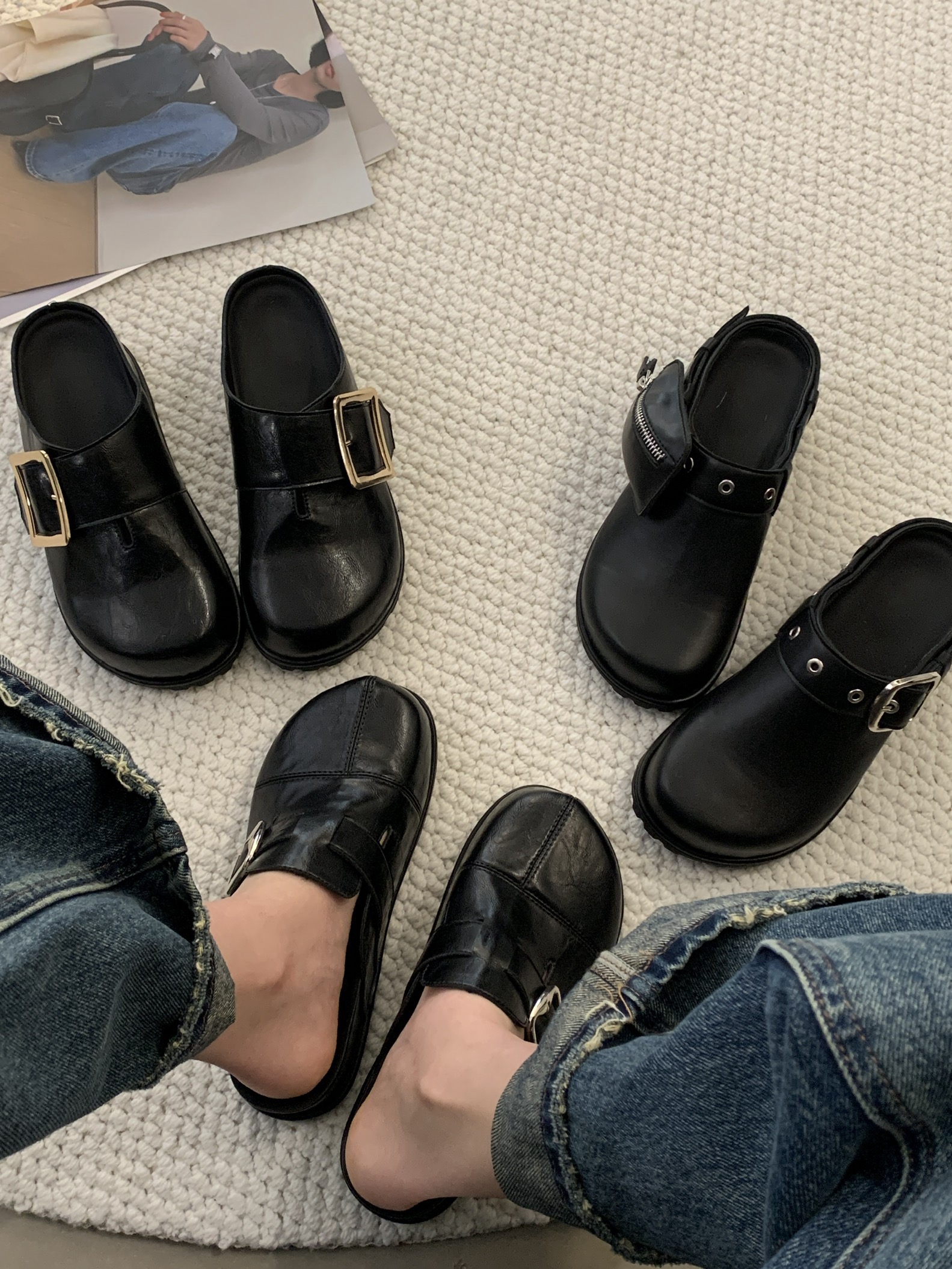 Round Toe Metal Rivet Open Toe Half Slippers Women 2025 New Chunky Sole Belt Buckle Outdoor Birkenstock Slippers