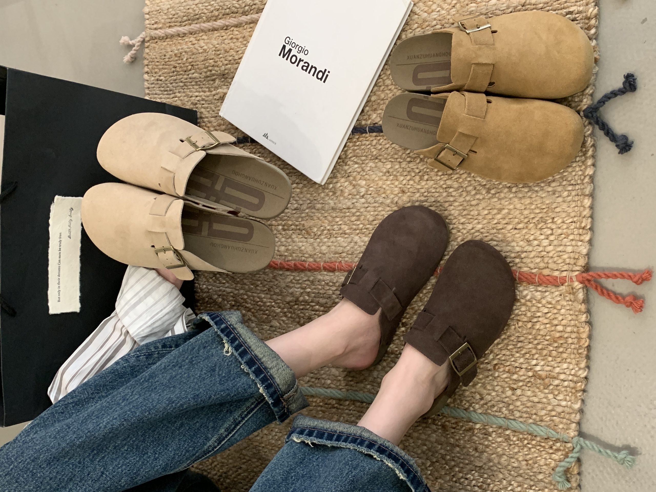 2025 Spring Summer Women's PU Leather Chunky Heel Open Toe Mule Sandals Retro Cork Clog Shoes