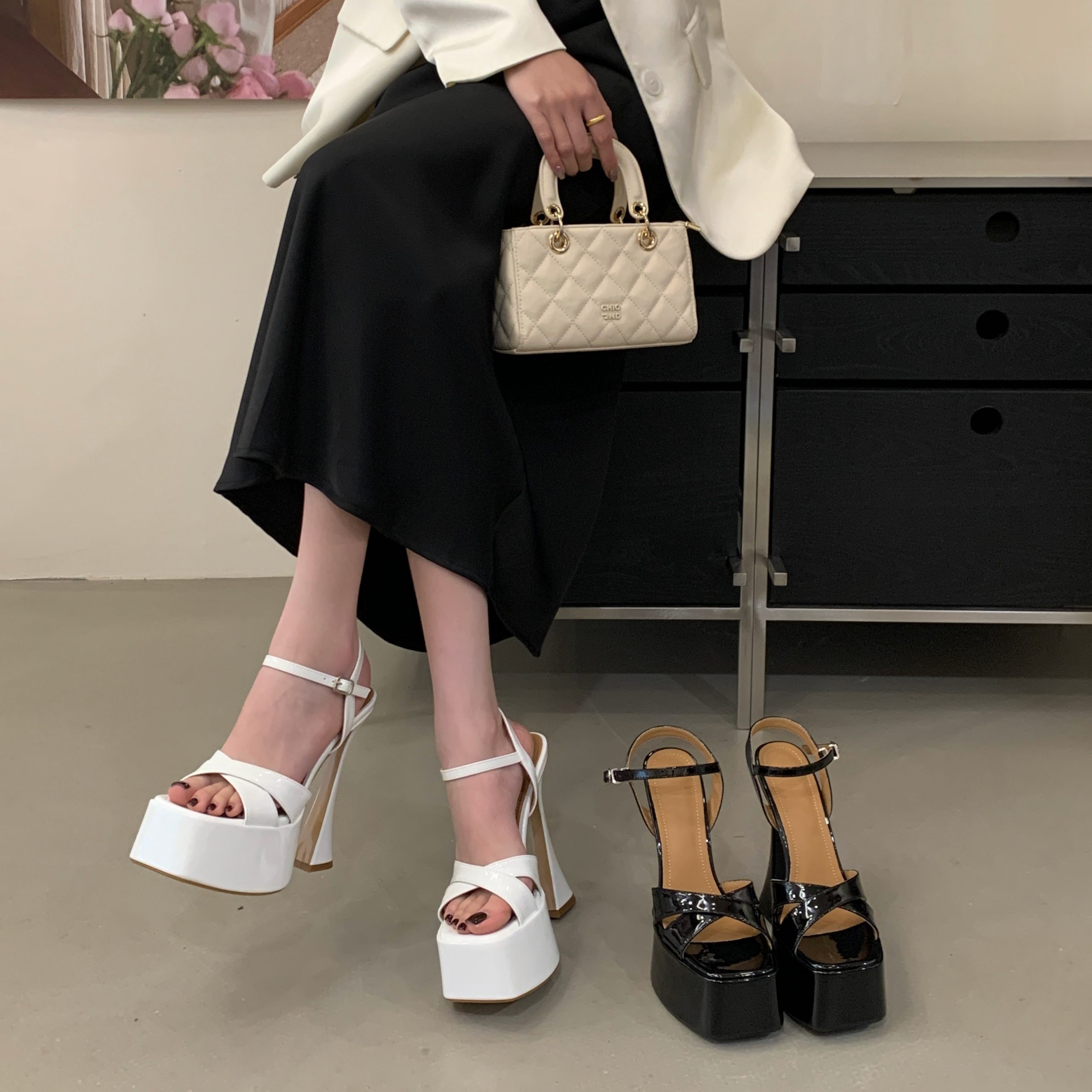 European American Style Extreme High Heel Platform Sandals Patent Leather Square Toe Chunky Heel One-Strap Nightclub Women's Shoes 16CM