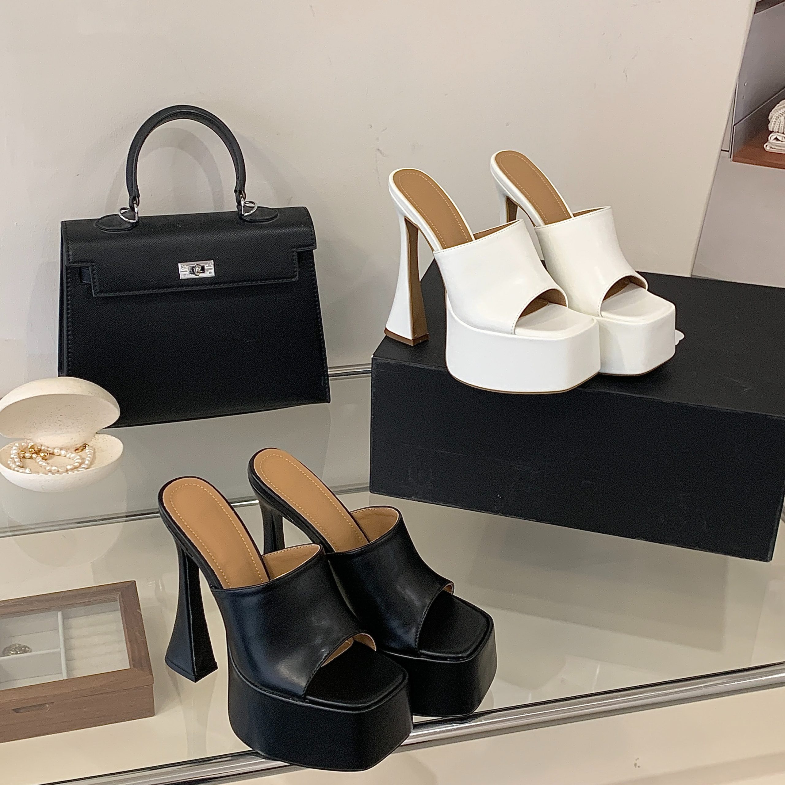 2026 Summer New Black White Dual Color Waterproof Platform Chunky Heel Slide Sandals Square Toe Open Toe Ultra High Heel One-Strap Women - Image 5