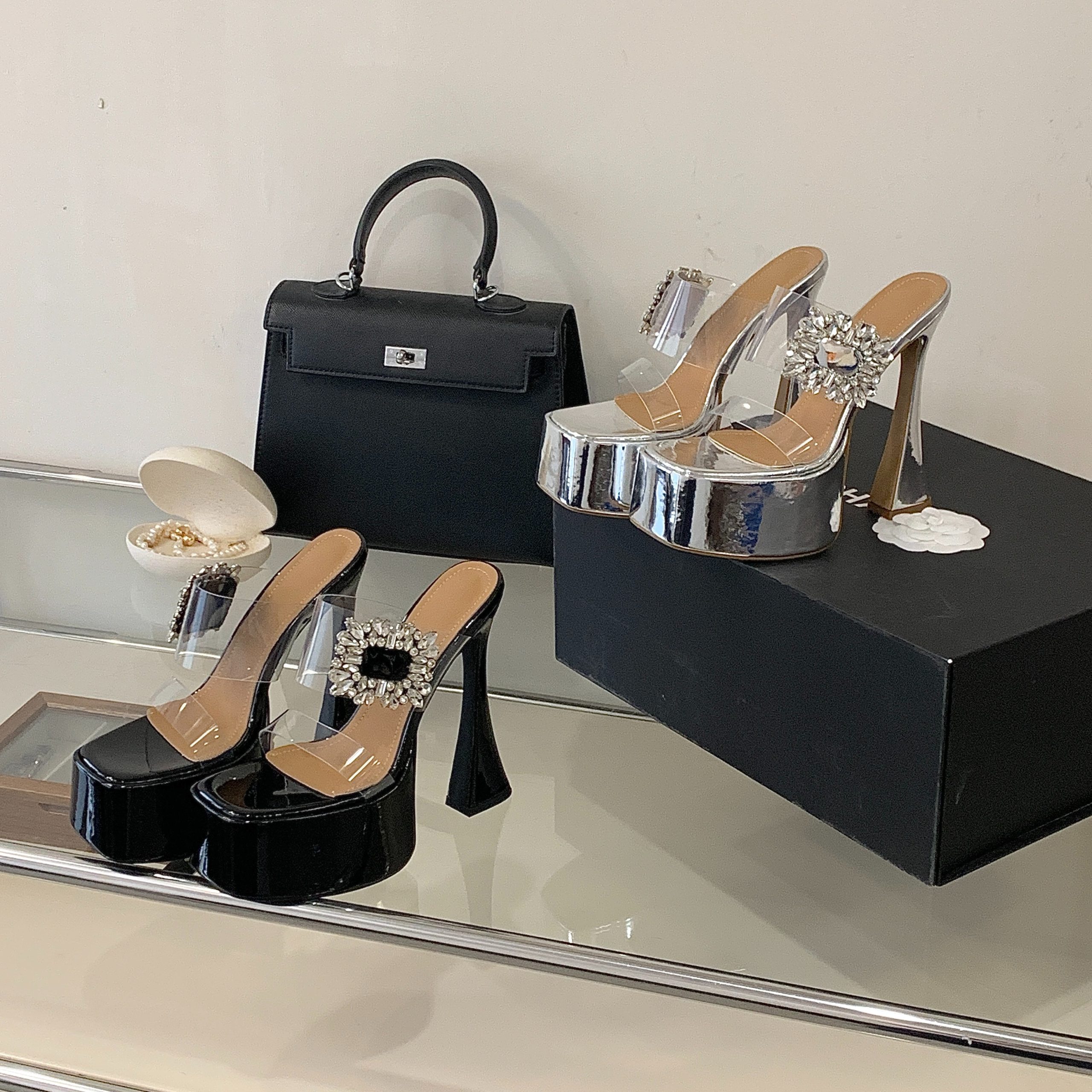 2026 Summer New Rhinestone Square Buckle Platform High Heel Slide Sandals Transparent One-Strap Chunky Heel Women's Shoes Size 40 - Image 5
