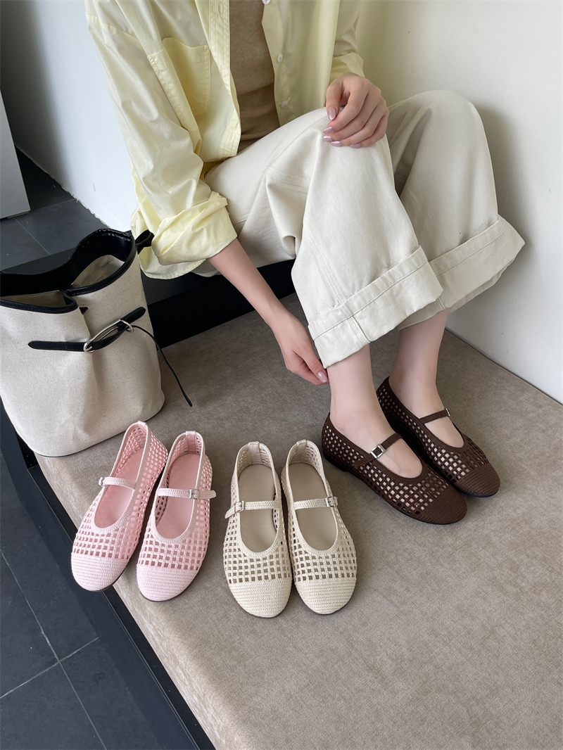 2026 Autumn Knit Hollow Out Flat Single Shoes with One-Strap Buckle for Women